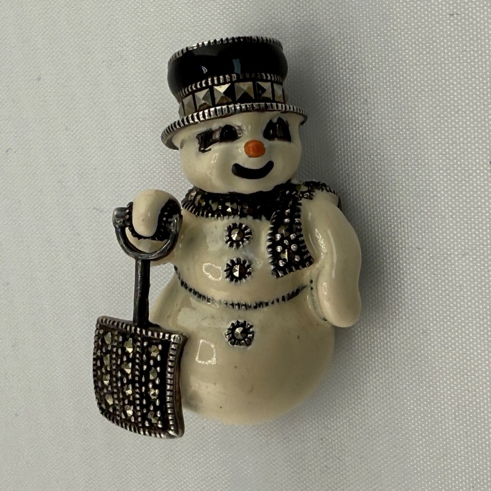 JUDITH JACK Sterling Vintage Marcasite Enamel Snowman Christmas Pin Brooch J0043 - Picture 2 of 7